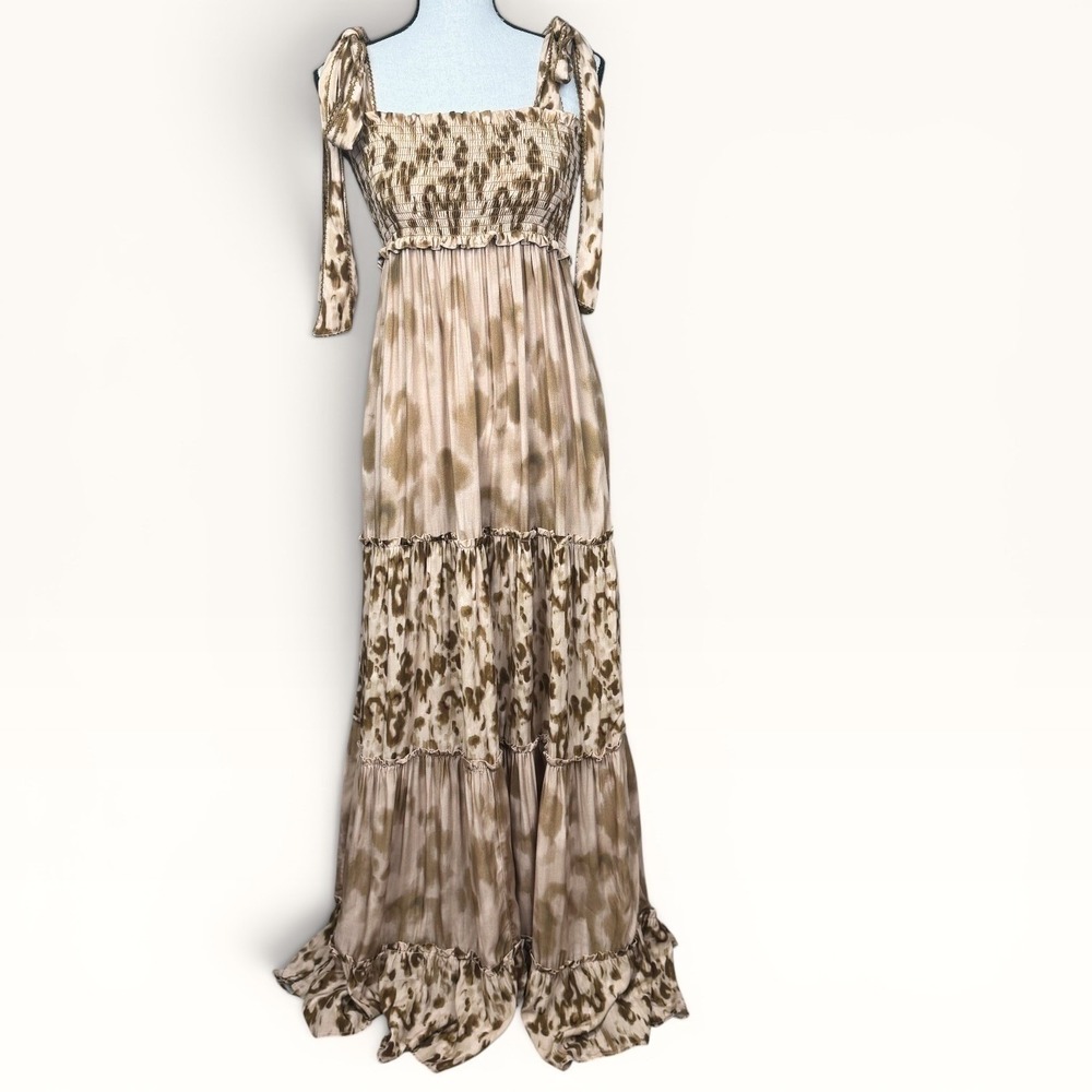 Especia Anthropologie Nairobi‎ Smocked Tiered Maxi Sundress Flowy Tie Sleeve Tan